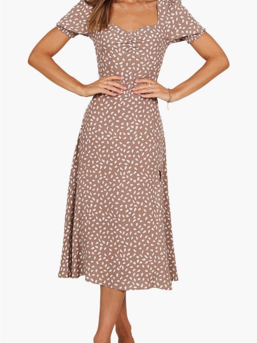 Petal & Pup Taupe Midi Dress with White Leaf Print